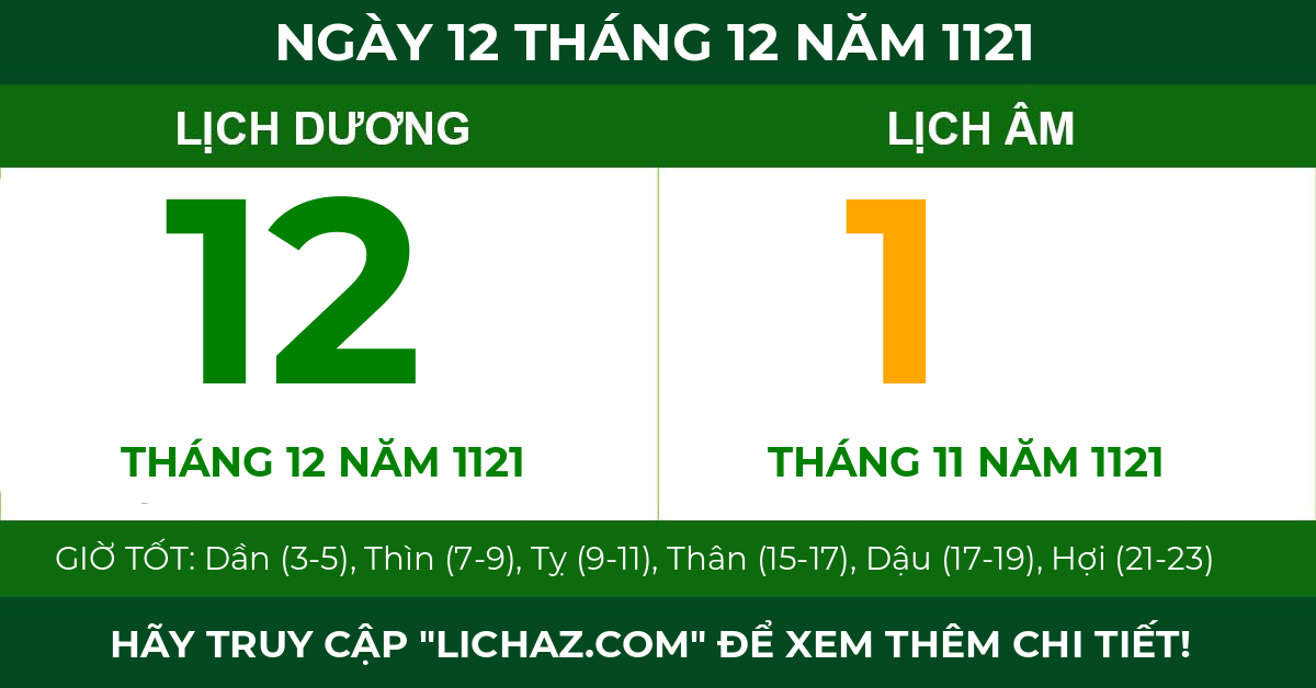 lịch âm ngày 12 tháng 12 năm 1121