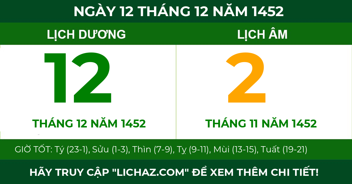 lịch âm ngày 12 tháng 12 năm 1452