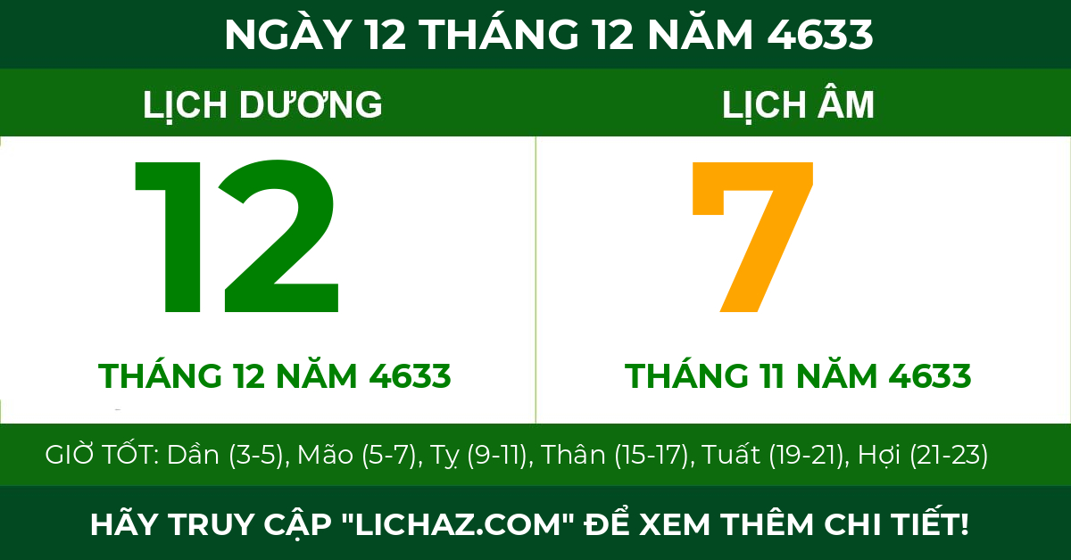 lịch âm ngày 12 tháng 12 năm 4633