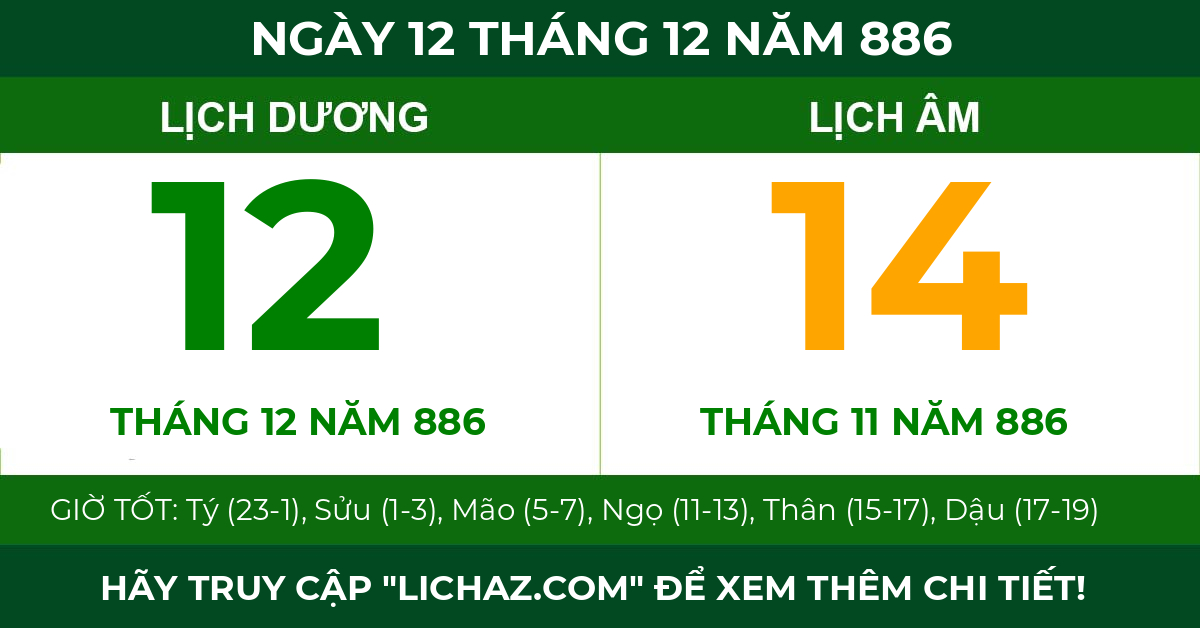 lịch âm ngày 12 tháng 12 năm 886
