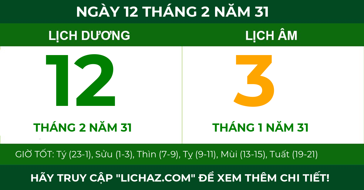 lịch âm ngày 12 tháng 2 năm 31