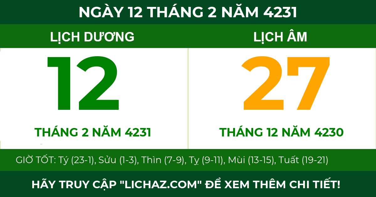 lịch âm ngày 12 tháng 2 năm 4231
