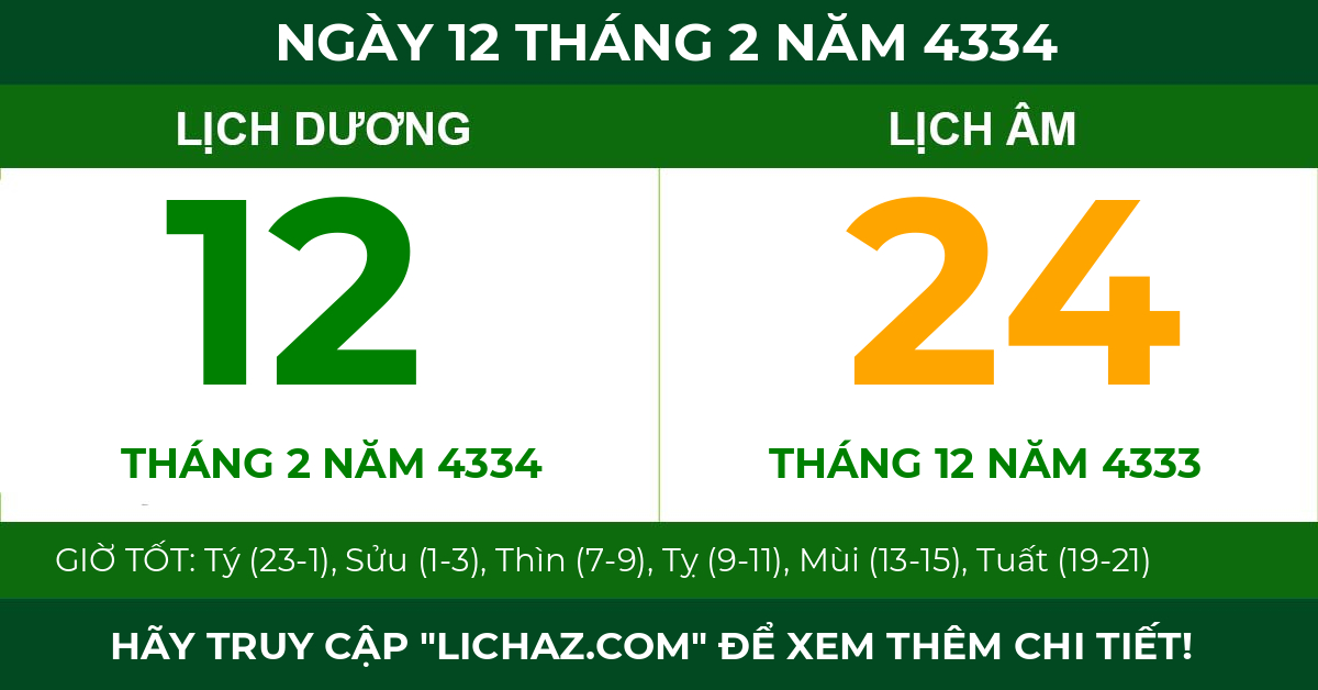 lịch âm ngày 12 tháng 2 năm 4334