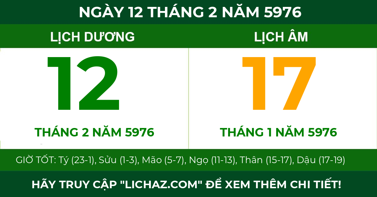 lịch âm ngày 12 tháng 2 năm 5976