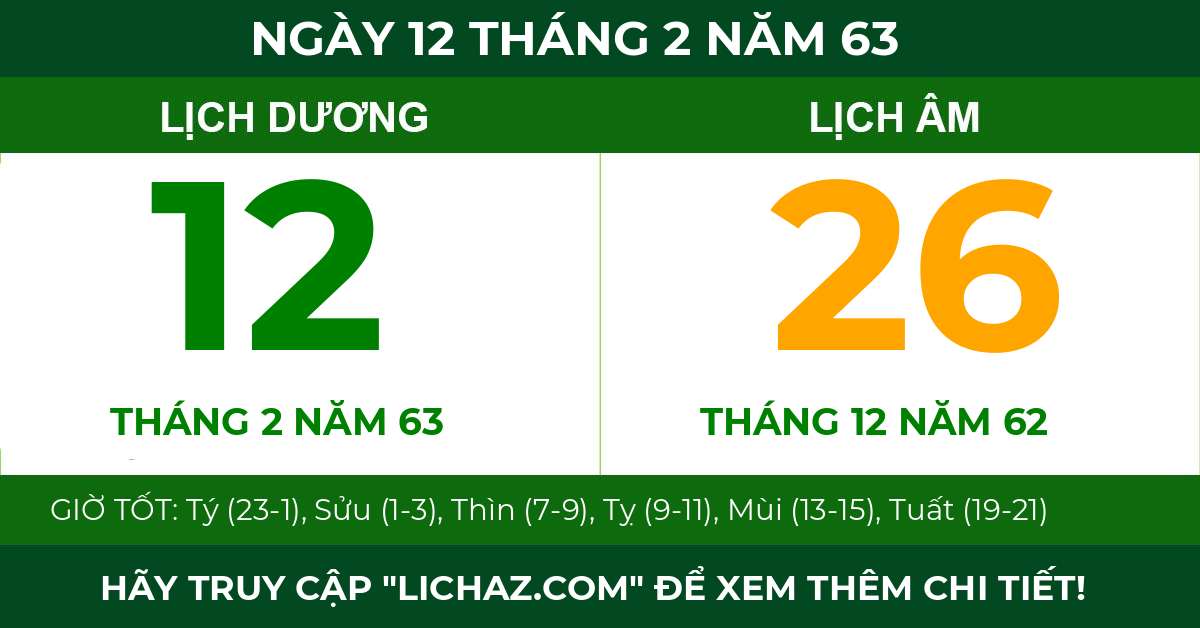 lịch âm ngày 12 tháng 2 năm 63