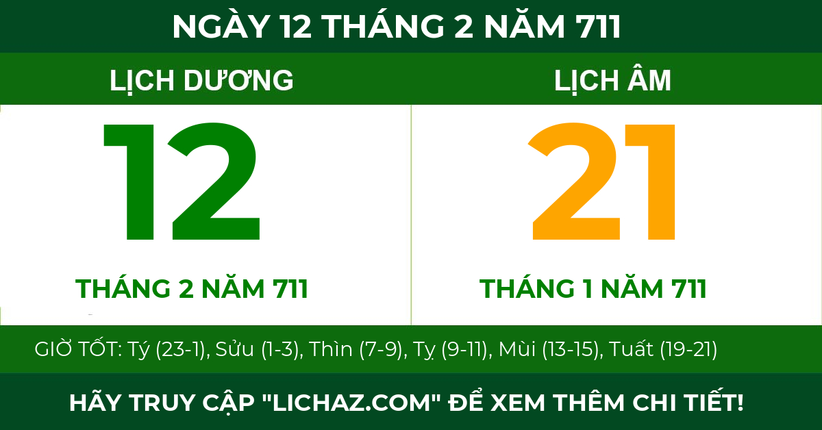 lịch âm ngày 12 tháng 2 năm 711