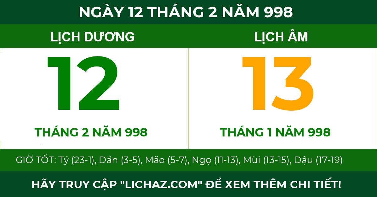 lịch âm ngày 12 tháng 2 năm 998