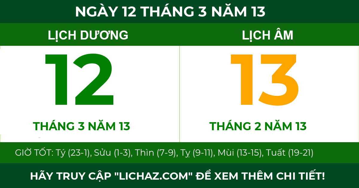 lịch âm ngày 12 tháng 3 năm 13