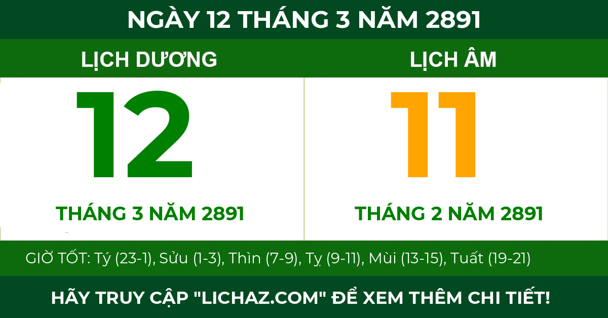 lịch âm ngày 12 tháng 3 năm 2891