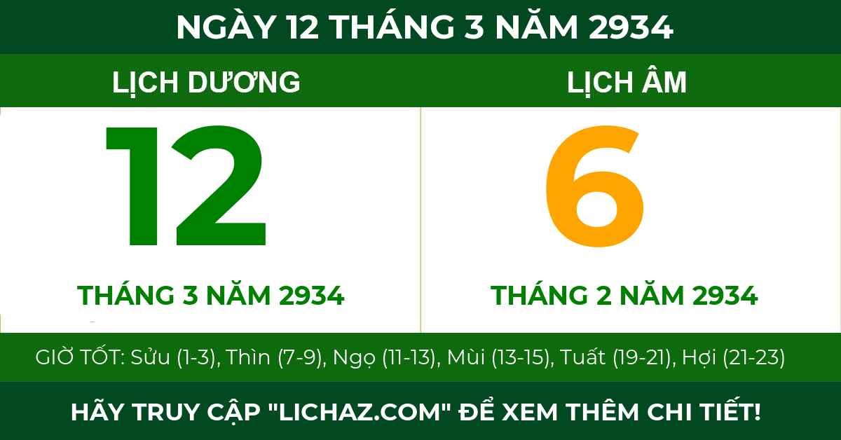 lịch âm ngày 12 tháng 3 năm 2934