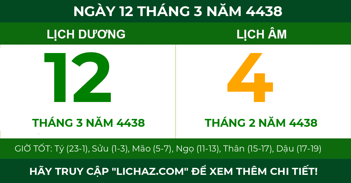 lịch âm ngày 12 tháng 3 năm 4438
