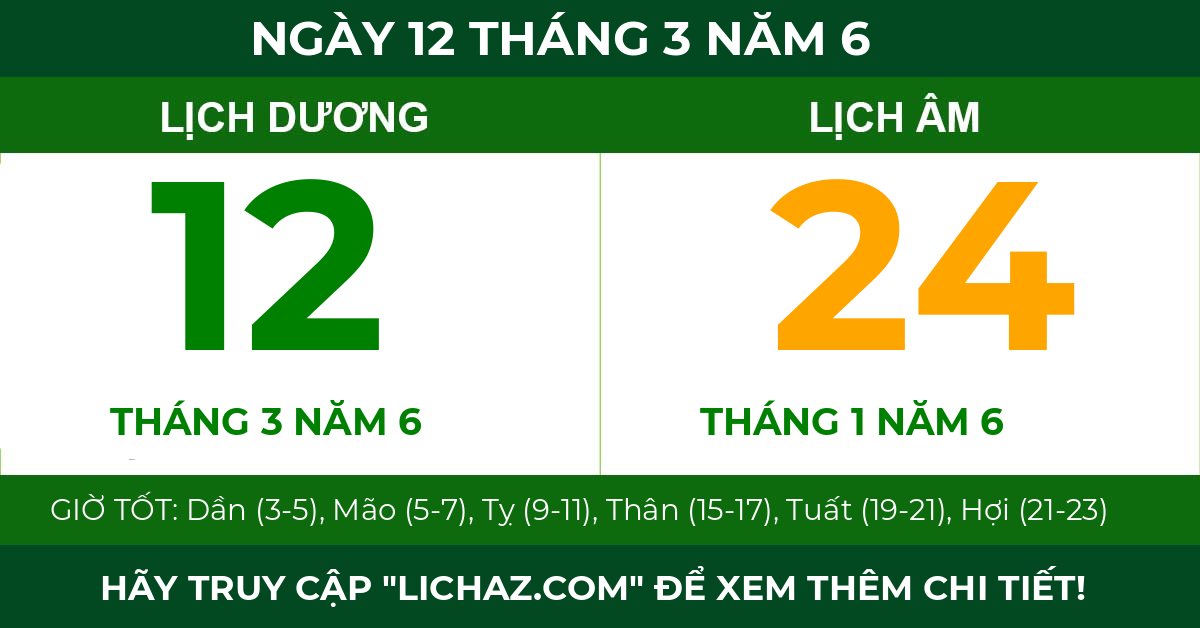 lịch âm ngày 12 tháng 3 năm 6