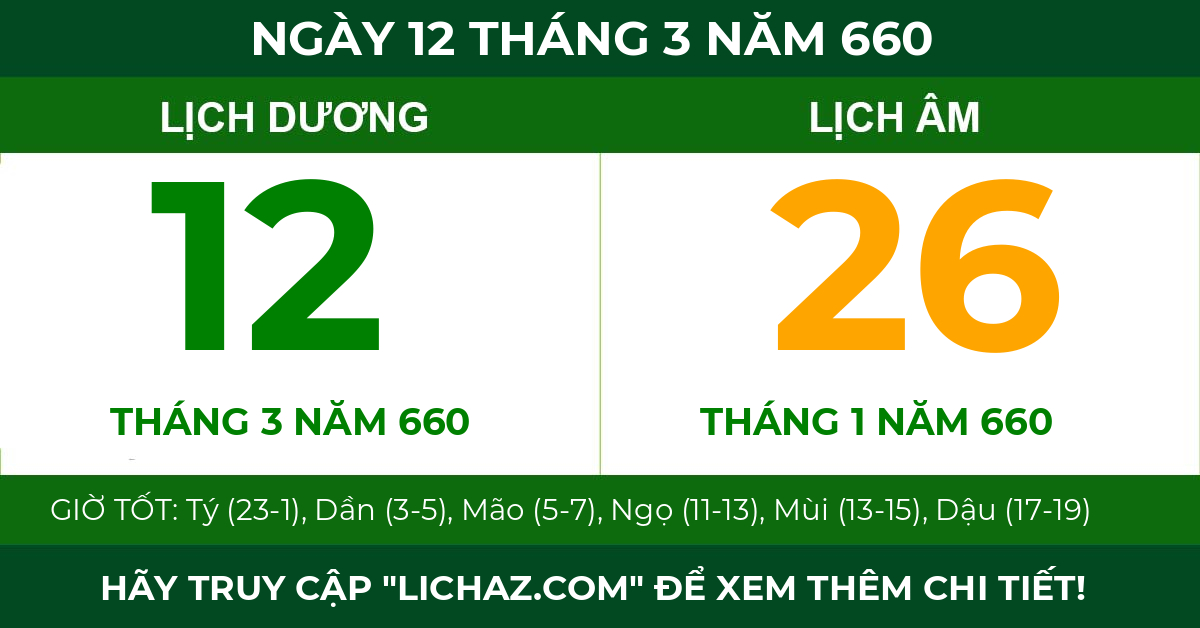 lịch âm ngày 12 tháng 3 năm 660