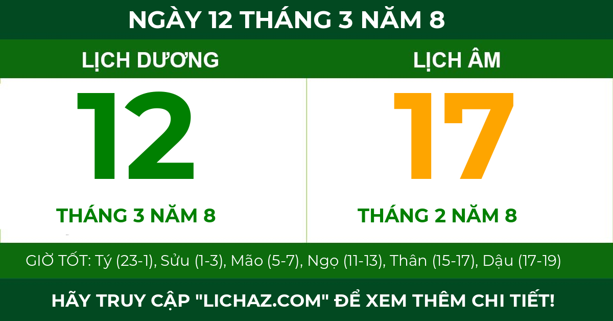 lịch âm ngày 12 tháng 3 năm 8