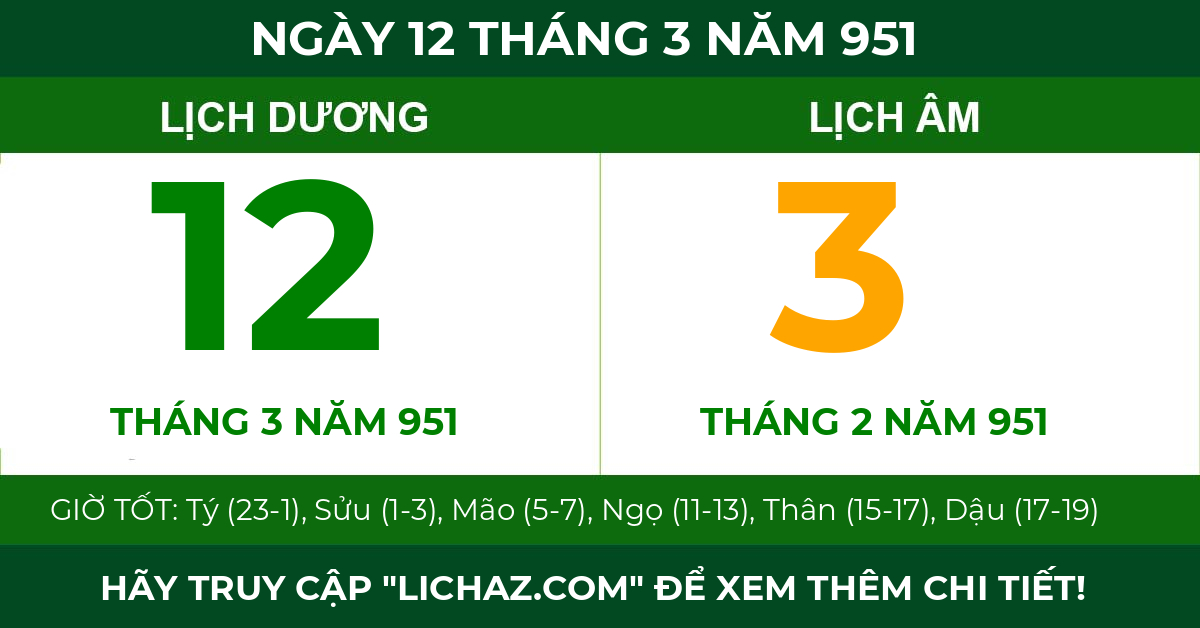 lịch âm ngày 12 tháng 3 năm 951