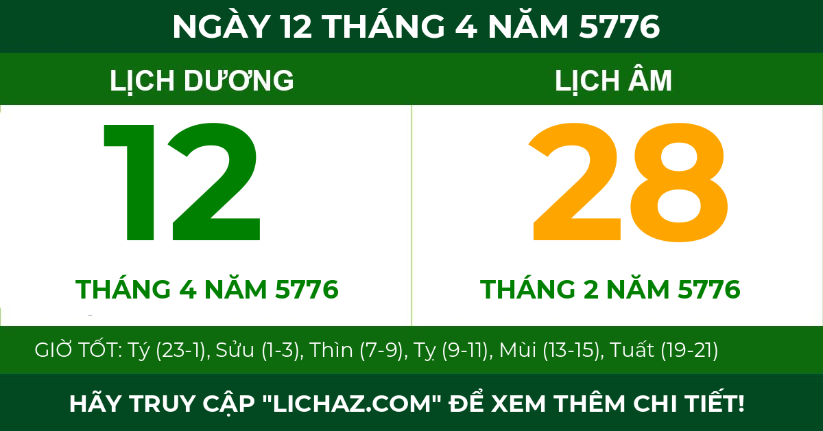 lịch âm ngày 12 tháng 4 năm 5776