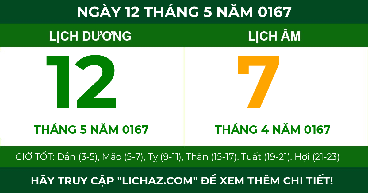 lịch âm ngày 12 tháng 5 năm 0167