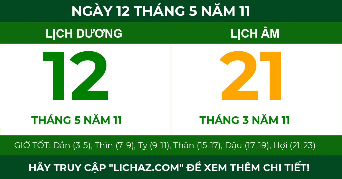lịch âm ngày 12 tháng 5 năm 11