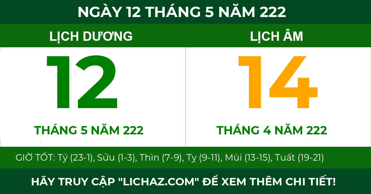 lịch âm ngày 12 tháng 5 năm 222