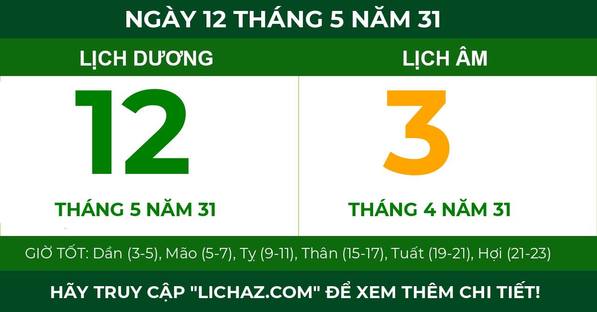 lịch âm ngày 12 tháng 5 năm 31