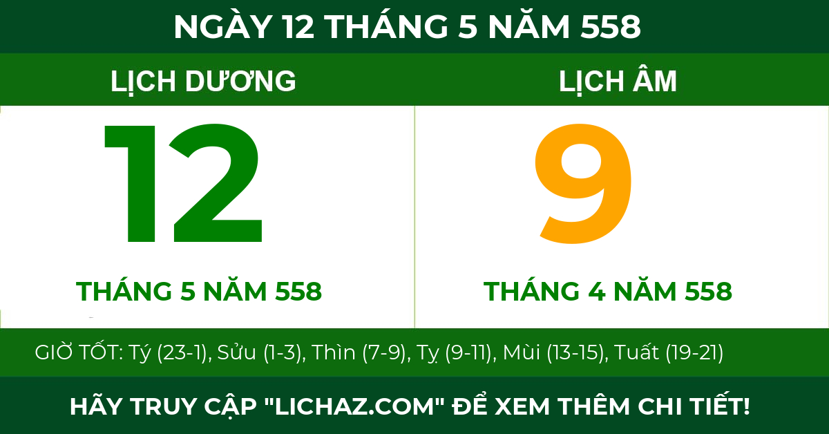 lịch âm ngày 12 tháng 5 năm 558
