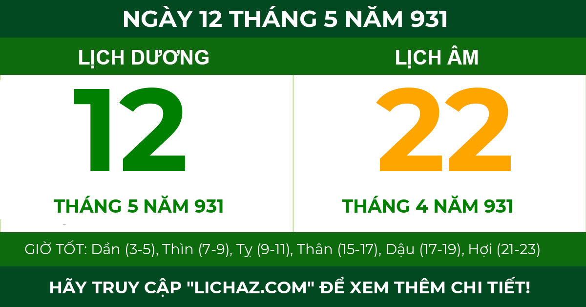 lịch âm ngày 12 tháng 5 năm 931