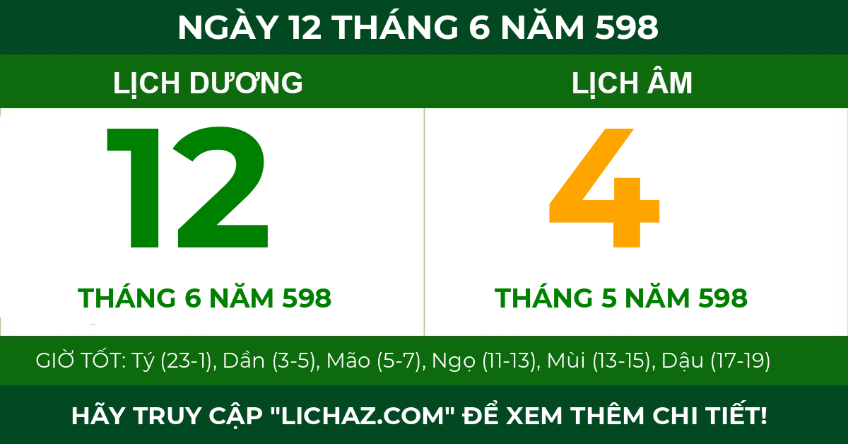 lịch âm ngày 12 tháng 6 năm 598