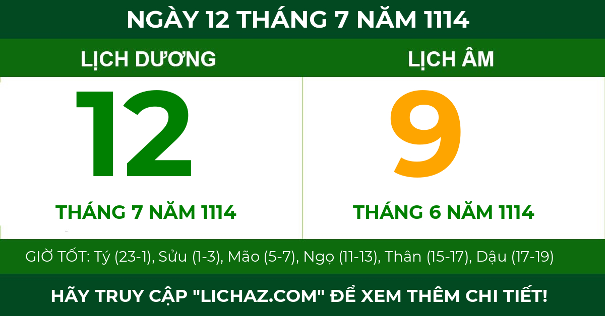 lịch âm ngày 12 tháng 7 năm 1114