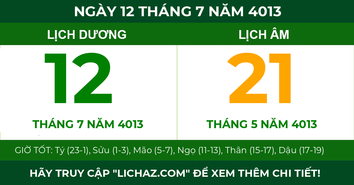 lịch âm ngày 12 tháng 7 năm 4013