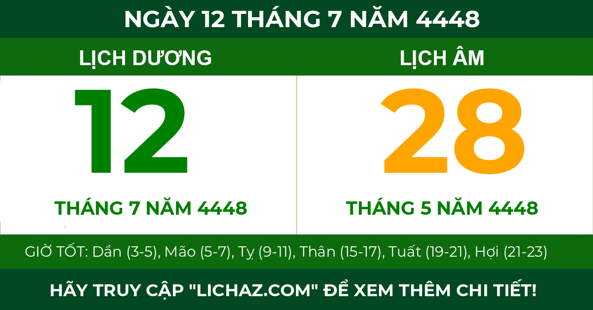 lịch âm ngày 12 tháng 7 năm 4448
