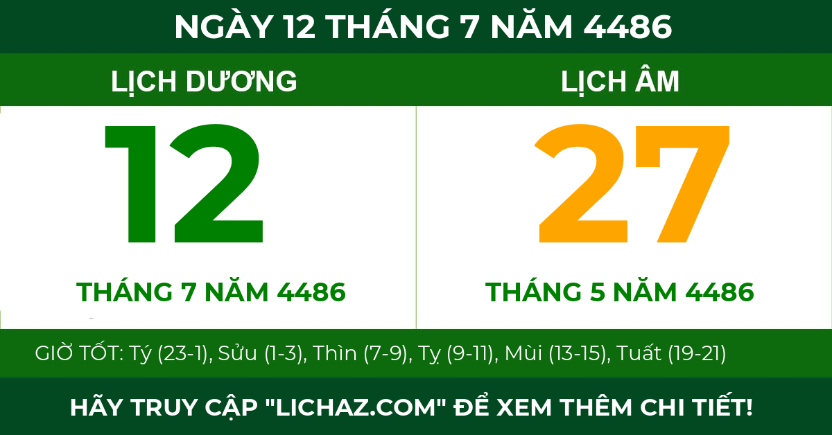 lịch âm ngày 12 tháng 7 năm 4486
