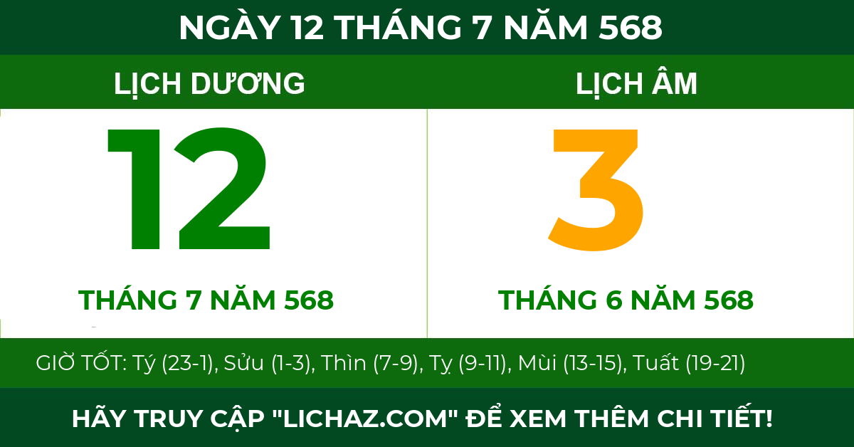 lịch âm ngày 12 tháng 7 năm 568