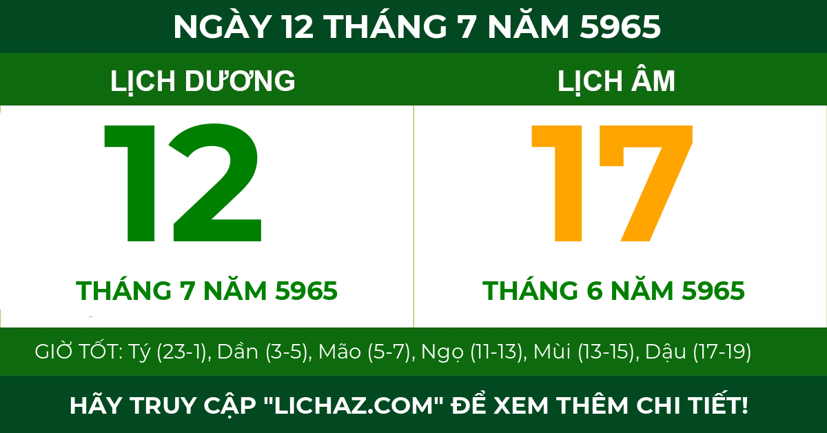 lịch âm ngày 12 tháng 7 năm 5965