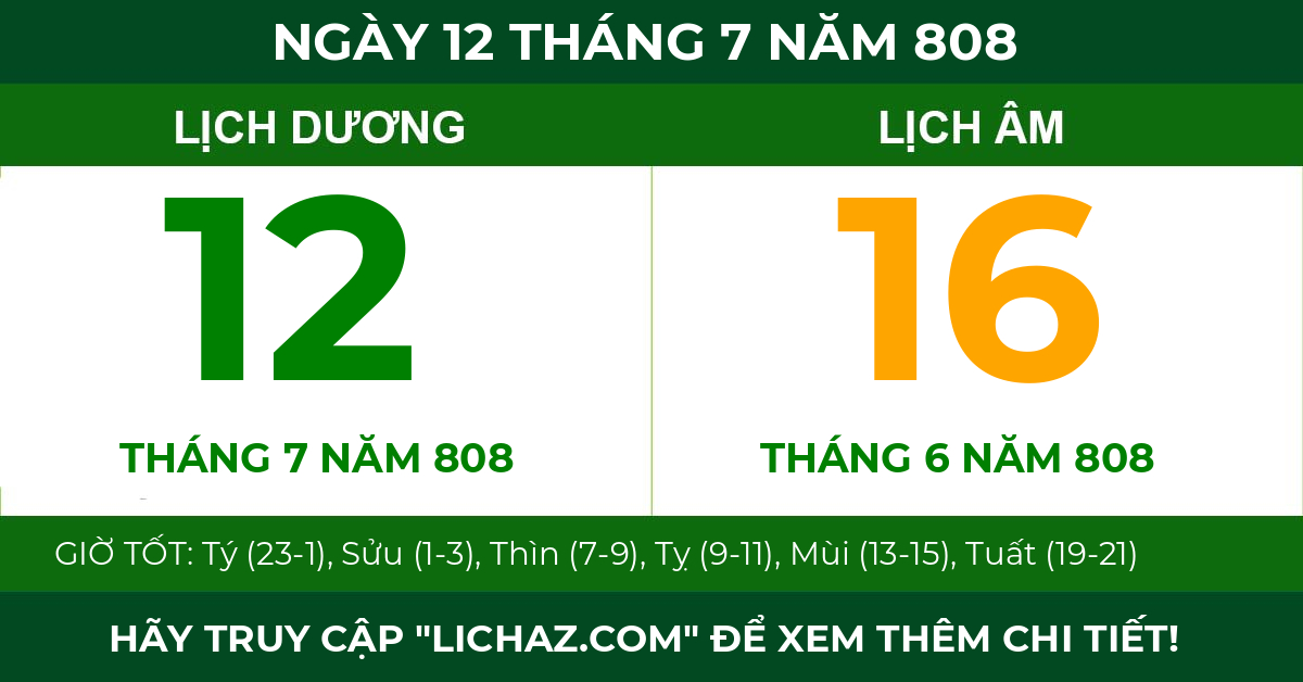 lịch âm ngày 12 tháng 7 năm 808