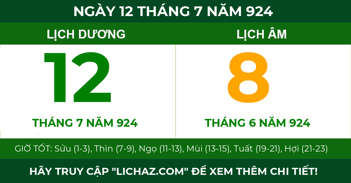 lịch âm ngày 12 tháng 7 năm 924