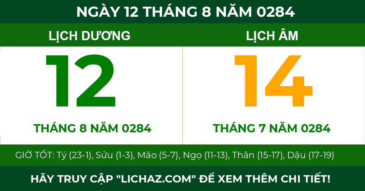 lịch âm ngày 12 tháng 8 năm 0284