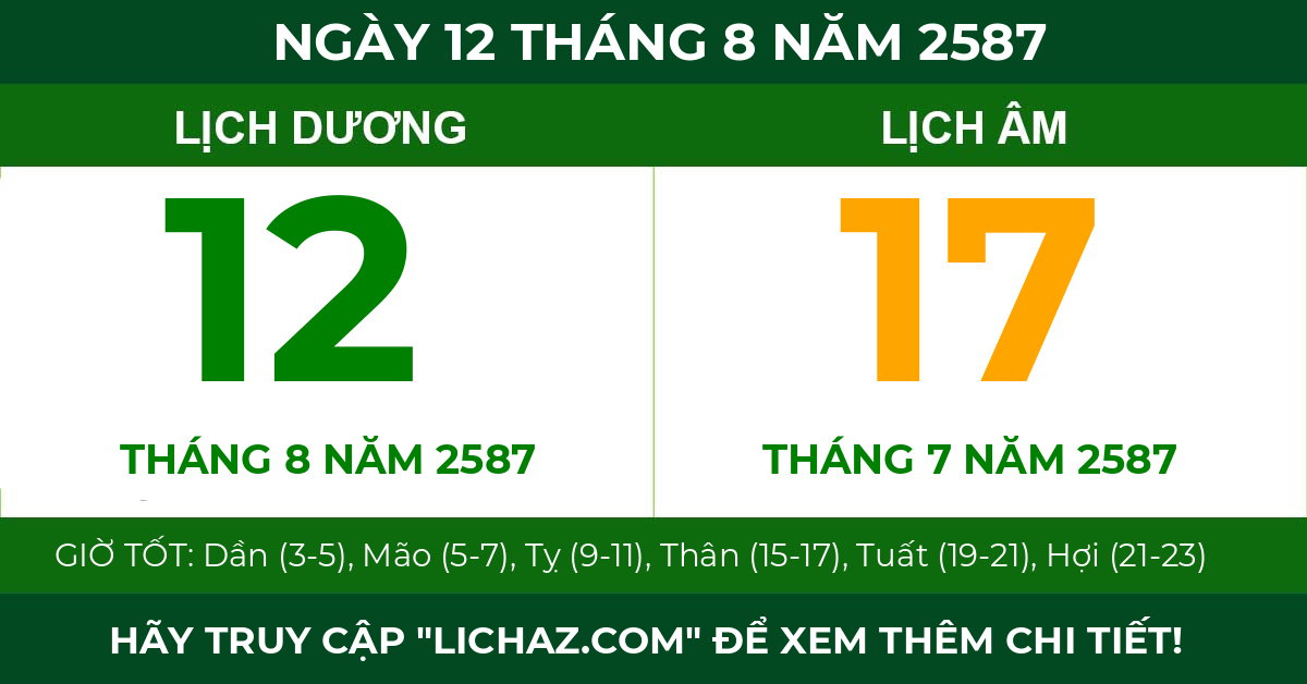 lịch âm ngày 12 tháng 8 năm 2587