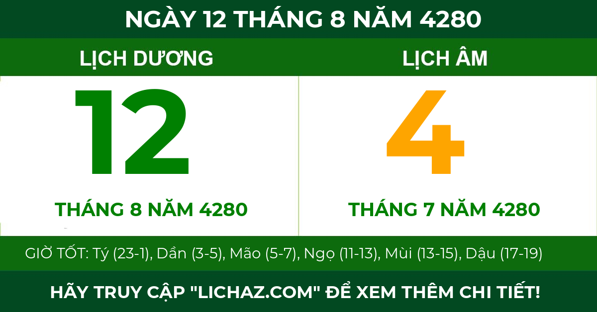 lịch âm ngày 12 tháng 8 năm 4280