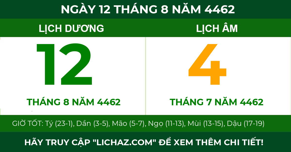 lịch âm ngày 12 tháng 8 năm 4462
