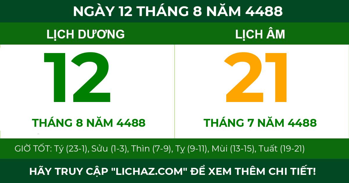 lịch âm ngày 12 tháng 8 năm 4488