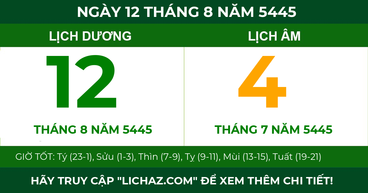lịch âm ngày 12 tháng 8 năm 5445