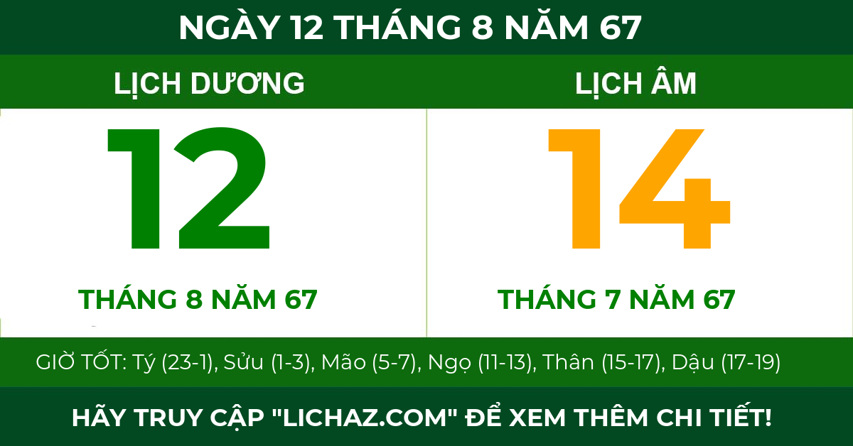 lịch âm ngày 12 tháng 8 năm 67
