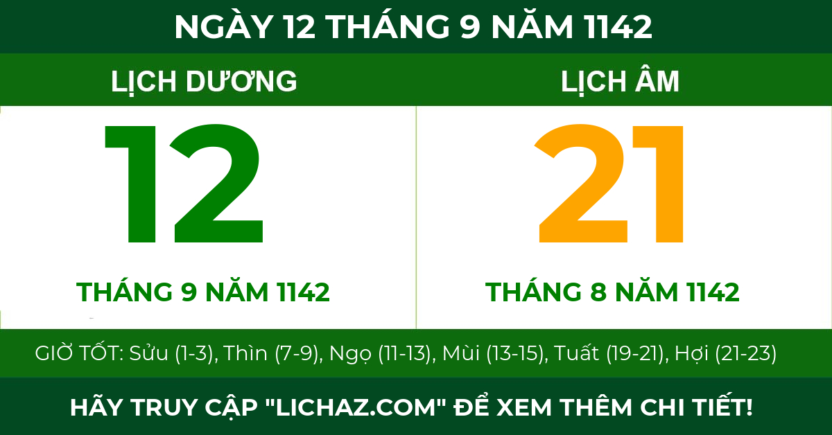 lịch âm ngày 12 tháng 9 năm 1142