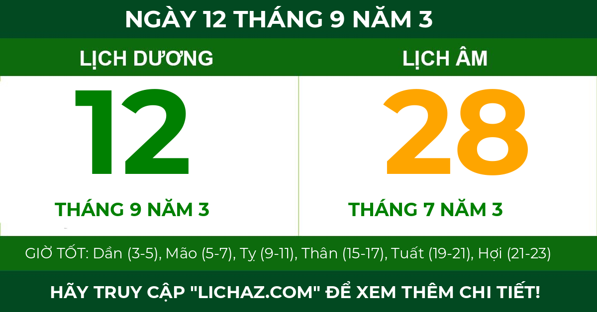 lịch âm ngày 12 tháng 9 năm 3