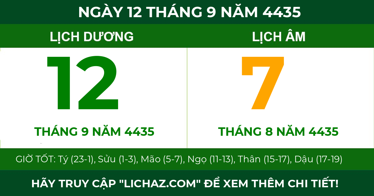 lịch âm ngày 12 tháng 9 năm 4435