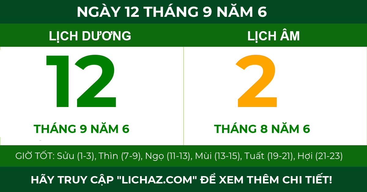 lịch âm ngày 12 tháng 9 năm 6