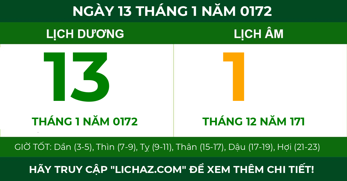 lịch âm ngày 13 tháng 1 năm 0172