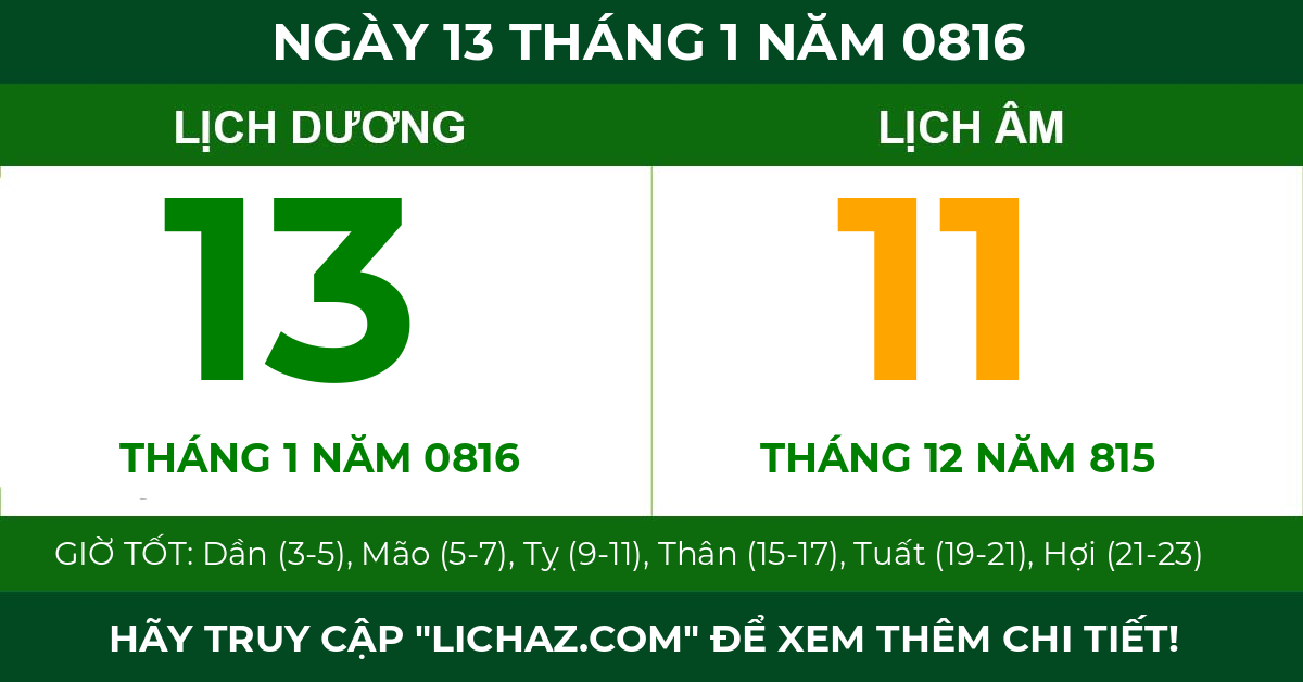 lịch âm ngày 13 tháng 1 năm 0816