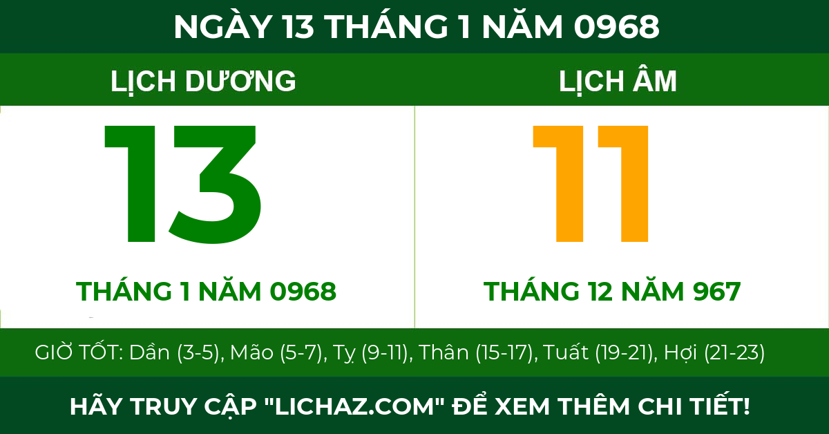 lịch âm ngày 13 tháng 1 năm 0968