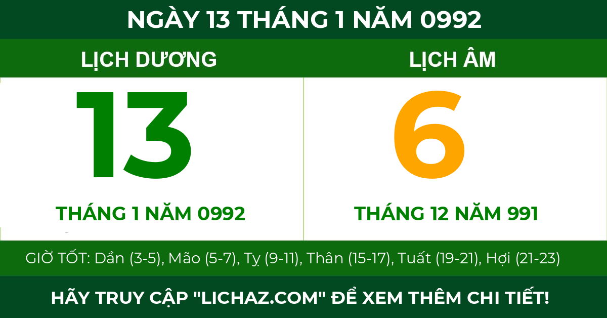 lịch âm ngày 13 tháng 1 năm 0992